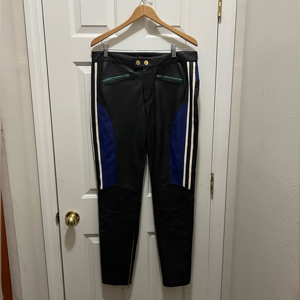 Tommy Hilfiger Black and Blue Leather Pants with Stripes. Tommy Hilfiger runway